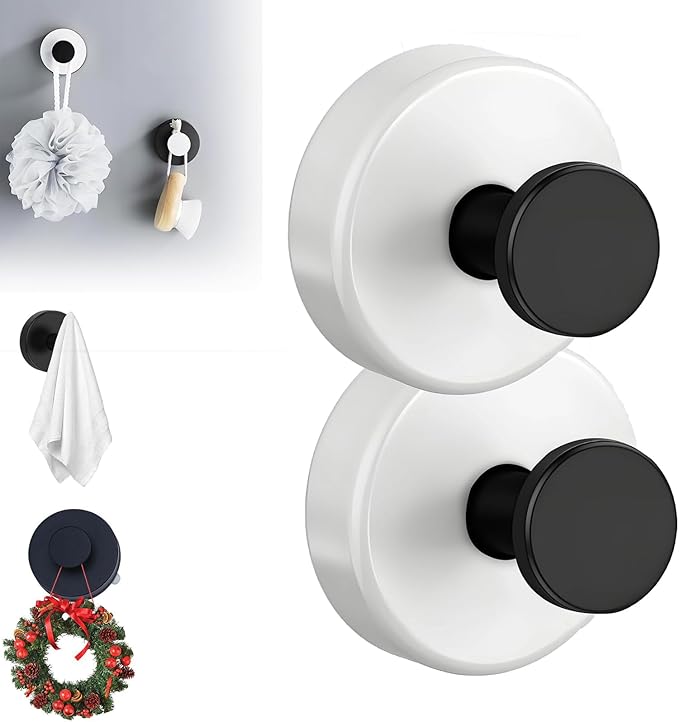 Suction Cup Hooks for Wreaths, 2025 New No Drill Suction Cup Hooks on Glass, Wreath Hanger for Front Door, Rustproof Hook Holder Towel Hook for Window Bathroom Mirrors Tile (2, White A)