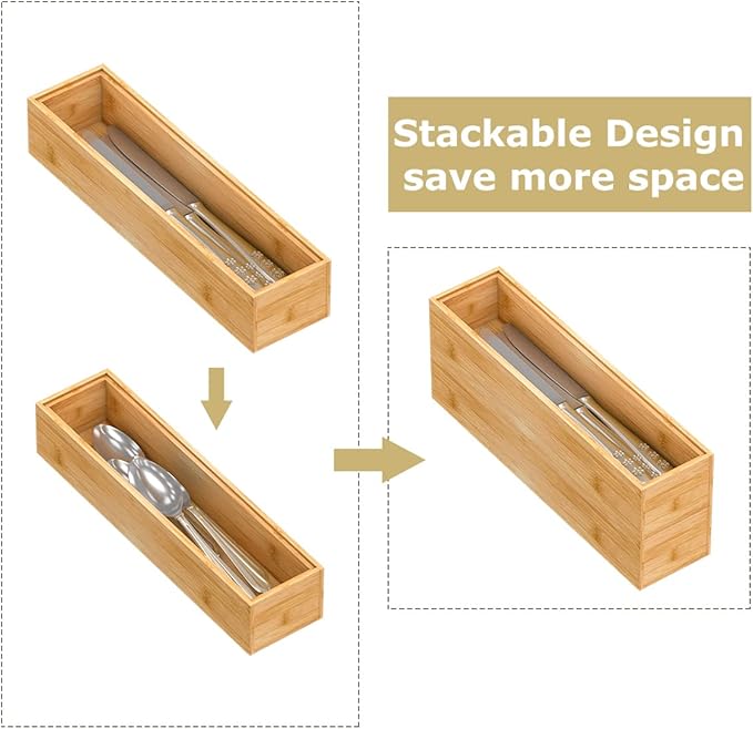 Bamboo Kitchen Drawer Organizer, Stackable Silverware Tray Utensil Organizer Cutlery Holder for Kitchen,Wooden Storage Box for Bathroom, Multi-Use Storage Bins Dividers for Office(12x3x2.5 inch）
