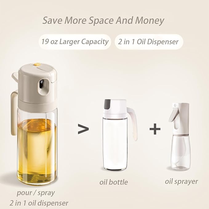 2 in 1 Glass Oil Sprayer and Dispenser for Kitchen, 550ml Olive Oil Bottle, Leakproof Food-Grade Oil Mister & Pourer for Air Fryer, BBQ, Salad, Baking
