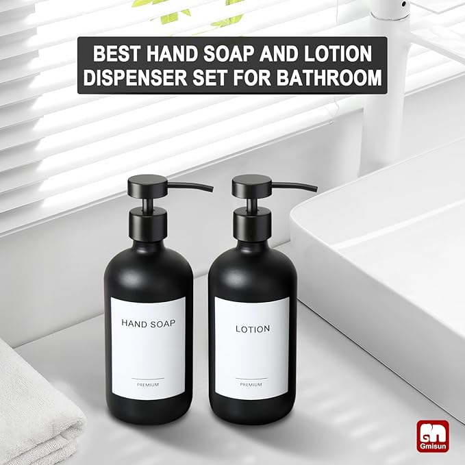 GMISUN Black Soap Dispenser, 2 Pack Matte Black Hand Soap Dispensers for Bathroom, 17 Fl Oz Glass Dish Soap Dispenser for Kitchen with Stainless Steel Pump, Modern Liquid Soap Bottle Set
