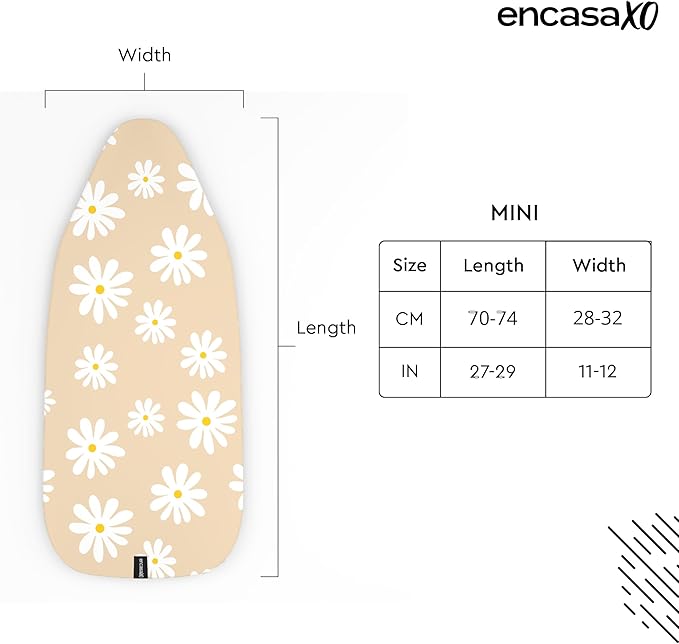 Encasa XO Ironing Board Cover and Pad 28"x12" - Thick 3mm Felt Padding, Drawstring Tightening & Lock, Easy Fit, Scorch & Stain Resistant, Fits Mini Ironing Board - Daisy Beige