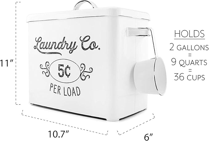 AuldHome Design Farmhouse Laundry Powder Container, White Enamelware Detergent Bin w/ Scoop