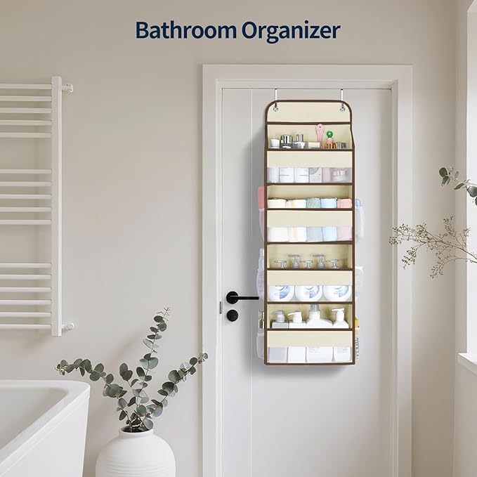 Yecaye Over The Door Organizer, Heavy Duty Hanging Organizers and Storage with 4 Large Capacity Pockets, Swing-Proof Behind The Door Storage for Bathroom Nursery Bedroom Dorm Closet, Beige