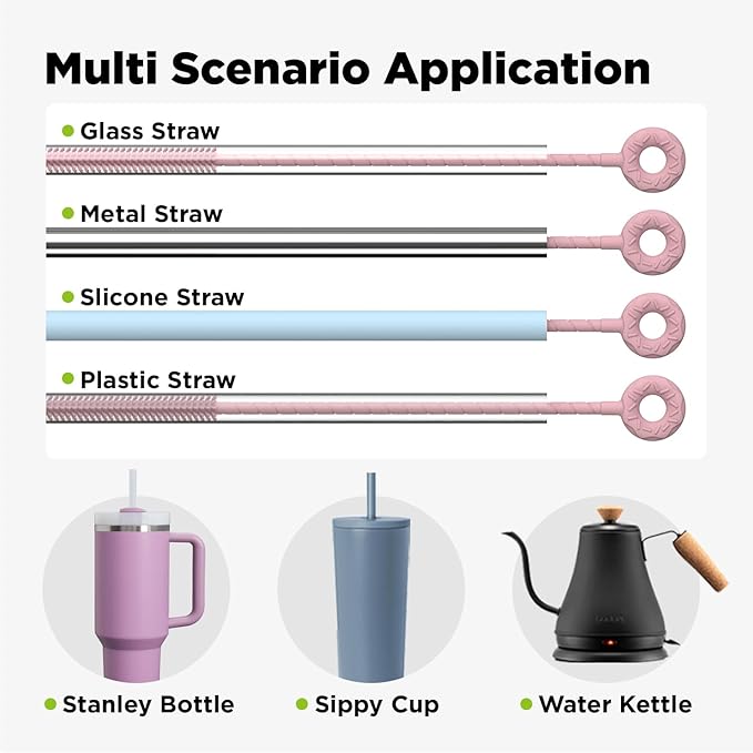 2 Pcs Silicone Straw Cleaner Brush, Extra Long Cleaning Brushes for Straws, 6mm&9mm, Pink