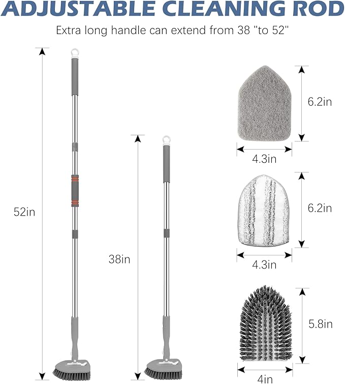 SetSail Floor Scrub Brush, 3-In-1 Tile Tub Floor Scrubber with 52-inch Adjustable Long Handle Shower Cleaner Brush and 3 Detachable Replacement Brush Heads for Cleaning Bathroom Kitchen Tub Tile, Grey