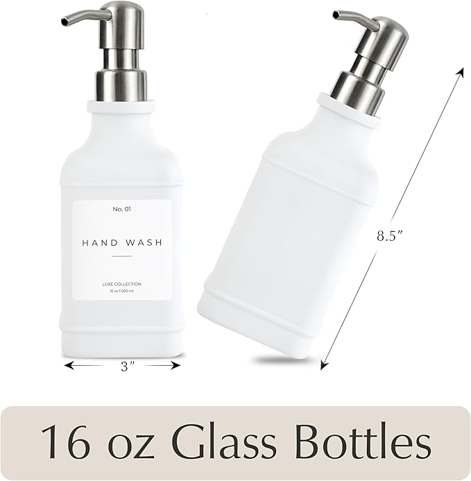 Emerson Essentials Soap Dispenser, Dish Soap Dispenser, Soap Dispenser Bathroom Set, Hand Soap Dispenser, Kitchen Soap Dispenser Set, Glass Soap Dispenser with Pump + Labels | 16 Oz, 2-Pack