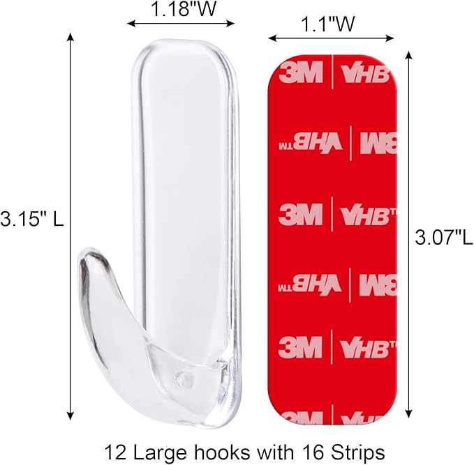 Wall Hooks for Hanging Heavy Duty, Large 12 Self Adhesive Wall with 16 Strips no Damage, Transparent Sticky for Key, Shower,Towel, Coat, Door, Hat