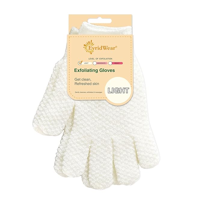 Evridwear Exfoliating Gloves for Shower, 100% Nylon Thick Soft Medium Heavy Bathing Gloves Dead Skin Remover Body Scrubber Smooth Skin with Hang Loop, 1 Pair Light White