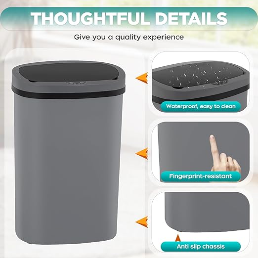 Automatic Motion Sensor Bathroom Trash Can with Lid, 13 Gallon Touchless Trash Bin, Smart Dog Proof Garbage Can, Touch Free Waste Basket for Toilet, Office, Bedroom,Gray