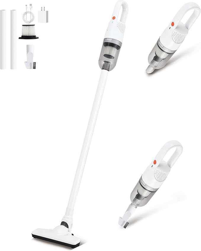 6-in-1 Lightweight Stick Vacuum Cleaner with 100W Powerful Motor, Mini Portable Household Handheld Vacuum Cleaner for Domestic Hard Floors, Carpets and Pet Hair (White Cordless with Plug)