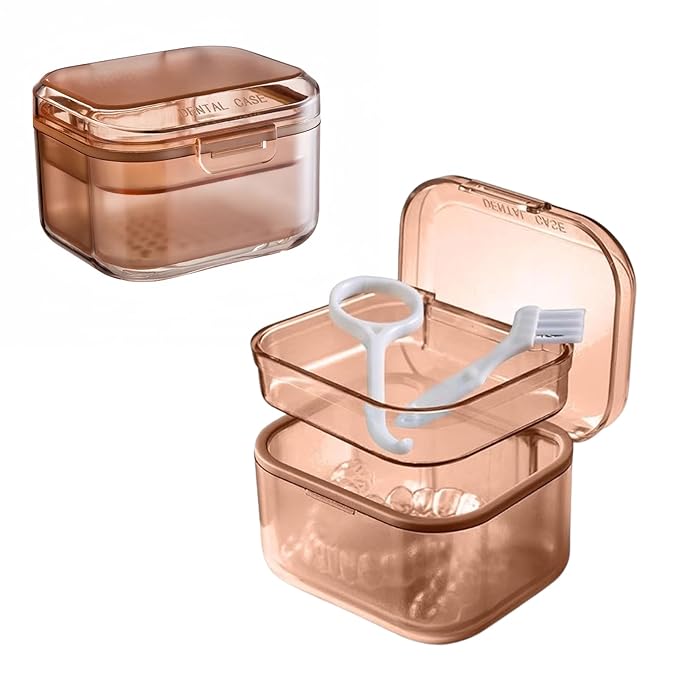 Retainer Case Denture Bath Case,Retainer Cleaner Case with Lid,Denture Cup for Partial Dentures,Mouth Guard&Braces,Denture Soaking Container Case for Travel (Orange)