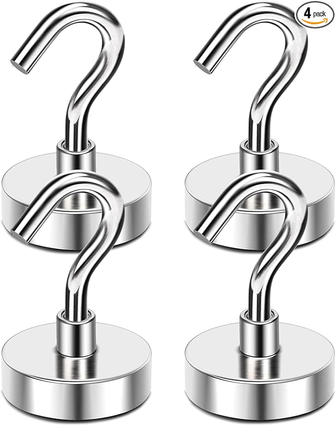 MIKEDE Magnetic Hooks, 28Lbs+ Strong Magnetic Hooks Heavy Duty for Cruise Cabins, Super Hanging Hooks Neodymium Magnets with Hook for Fridge, Grill, Toolbox, Storage, Pack of 4