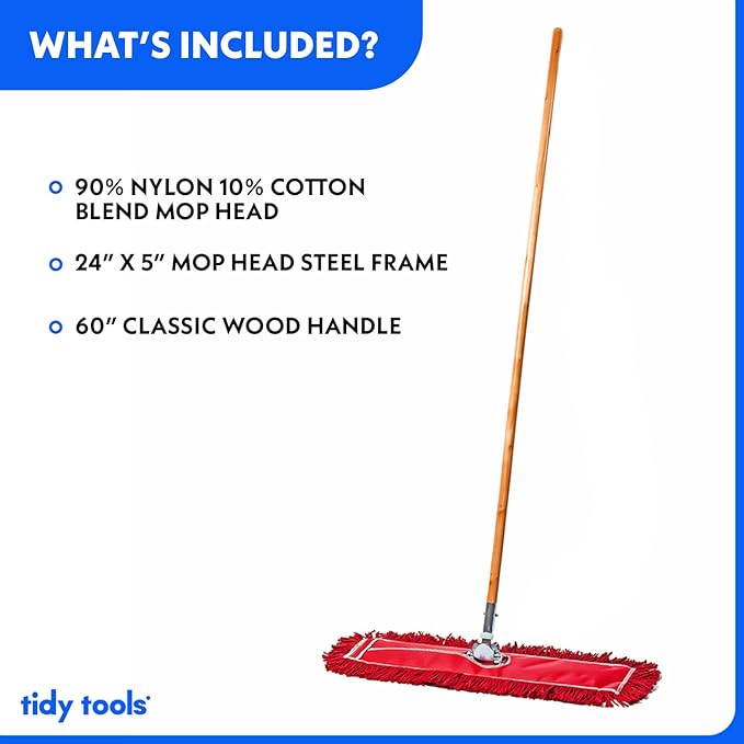 24 Inch Red Commercial Dust Mop & Floor Sweeper – Wood Handle Floor Mop for Tile, Hardwood & Concrete