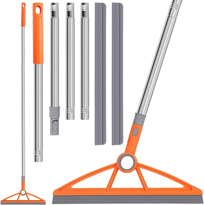 2-in-1 Air Broom, 180° Rotating 54 Inch Adjustable Silicone Rubber Broom Includes 2 Scraping Strips, Sweep and Silicone Tools with Long Handle for Cleaning Bathrooms,Glass,Tiles,Pet Hair