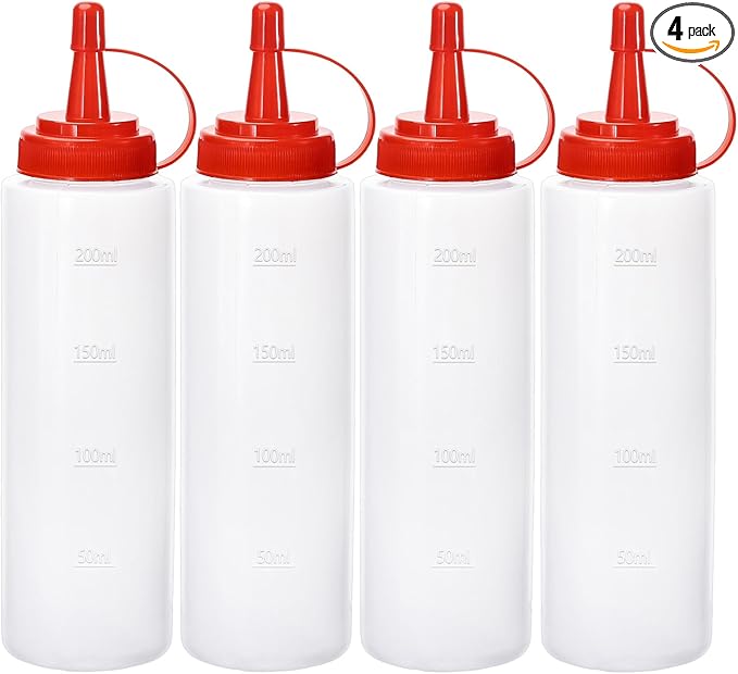 Condiment Squeeze Bottles Ketchup Dispenser, 4 Pack 8oz Squeeze Bottles for Liquids, Plastic Sauce Bottle with Cap Lid, Squirt Bottles for Sauces Liquids BBQ Dressing Pancake Art