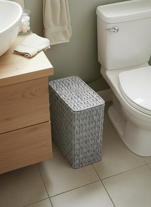 3 Gallon Wicker Trash Can,Grey Bathroom Trash Cans with Lid,Waterproof Slim Waste Basket for Bedroom,Home Office,Narrow Garbage Can with Removable Liner