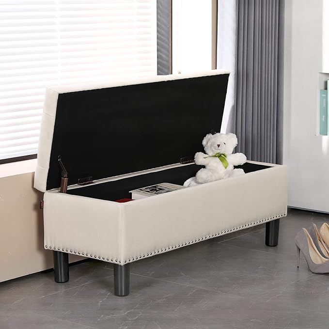 Furnimart 42.5 Inch Storage Ottoman Bench, Flip Top End of Bed Storage Bench, Upholstered Blanket Bench for Bedroom, Entryway, Living Room, Tufted Linen (Beige)