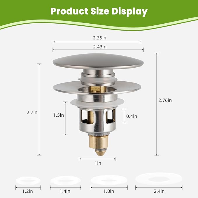 Universal 2PCS Bathroom Sink Stopper 2 in 1 Pop Up Metal Sink Drain Strainer with Hair Catcher, Fit for 1.1~2.36" Sink Basin Hole, Big Cover Cap, Anti-clog, Brushed Nickel