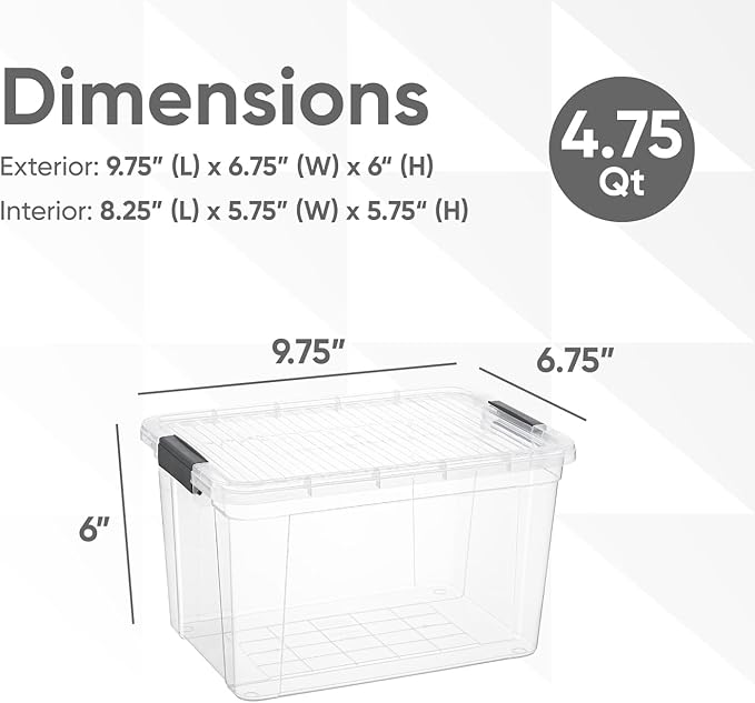 Superio Clear Storage Boxes with Lids, 4.75 Quart Plastic Container Bins for Organizing, Stackable Crates, BPA Free, Non Toxic, Odor Free, Organizers for Home, Office and Dorm, 4 Pack