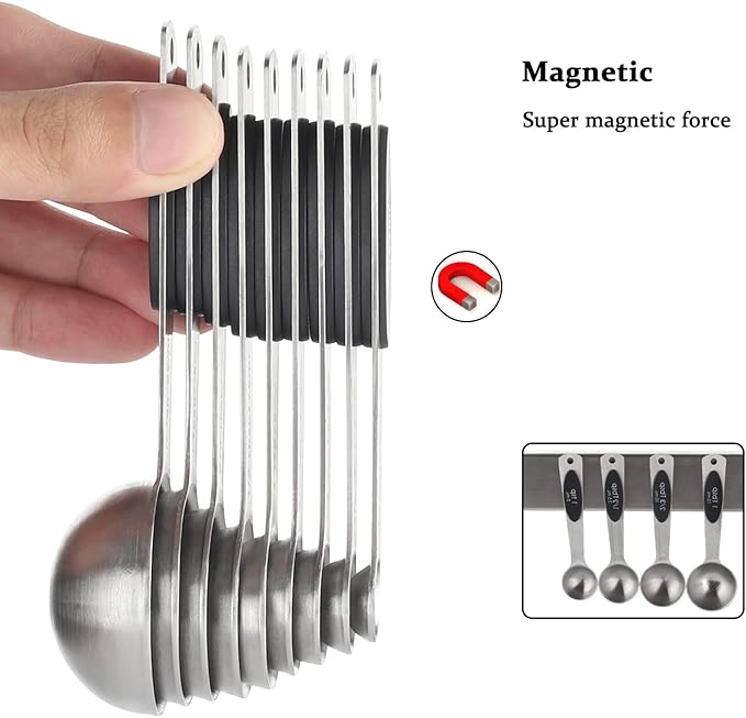 Magnetic Measuring Spoons Set of 9 Stainless Steel Stackable Measuring Spoons Heavy Duty Nesting Teaspoons Tablespoons for Measuring Dry and Liquid Ingredients