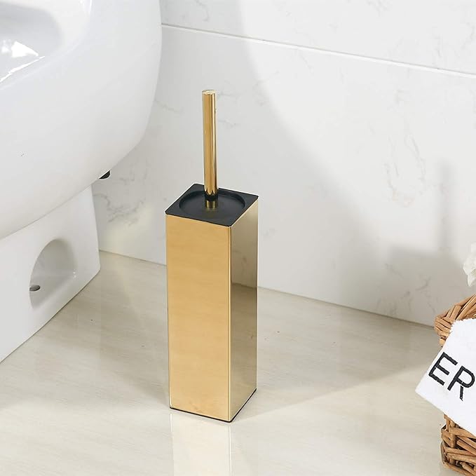 BGL Freestanding Solid Stianless Steel 304 Toilet Bowl Brush and Holder for Bathroom Storage and Organization - Space Saving, Sturdy, Deep Cleaning, Covered Brush (Gold)