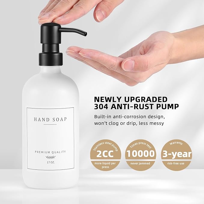 Glass Soap Dispenser - Dish Hand Soap Dispenser for Kitchen Set, Bathroom Soap Lotion Dispenser with 304 Rust Proof Pump, Tray, White Bottle/Black Pump
