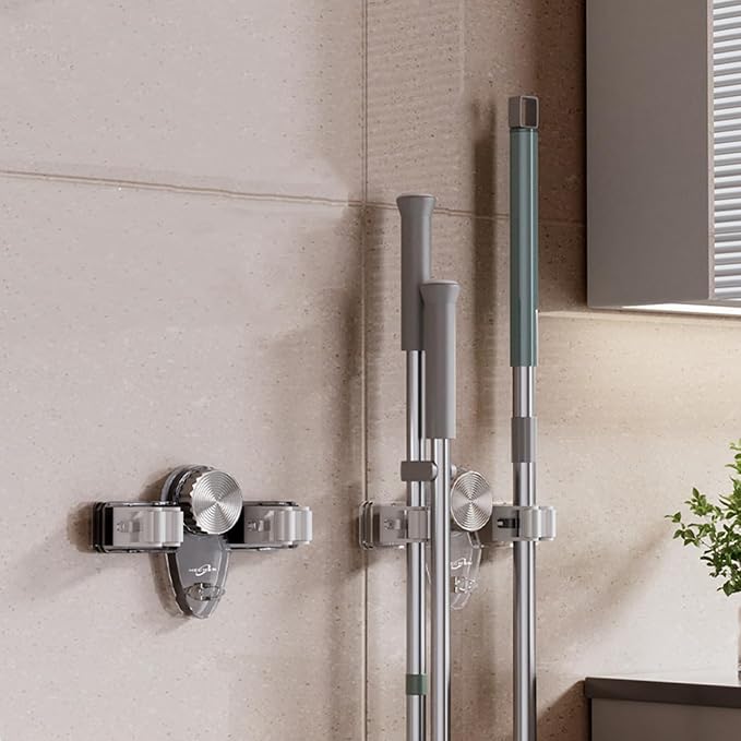 Mop and Broom Holder Wall Mount, No Punching Required Broom and Mop Organizer Wall Hanging with Hooks for Bathroom, Laundry Room, Garage, Kitchen,Garden Tool Organizer Storage (4pcs Transparent)