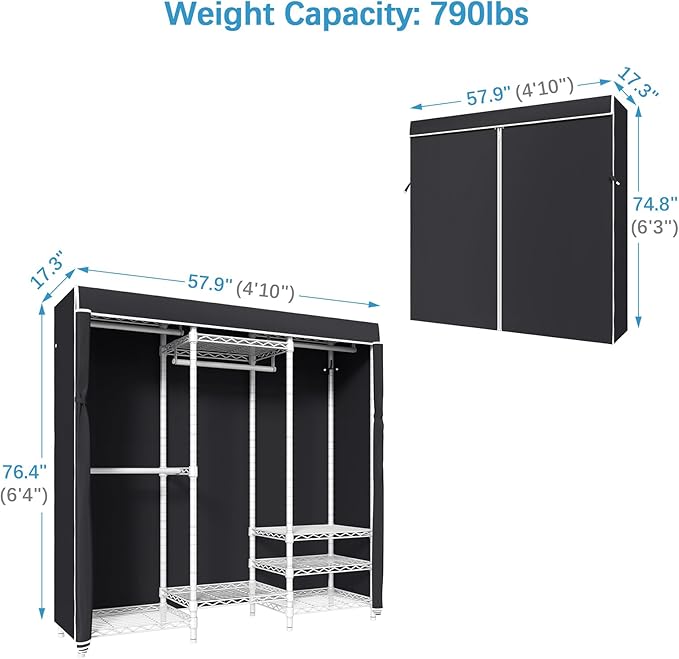 VIPEK V5C Covered Clothes Rack Heavy Duty Portable Closet Wardrobe, Freestanding White Metal Clothing Rack with Black Dustproof Cover, Adjustable Custom Closet Rack, 57.9"L x 17.3"W x 76.4"H (Medium)