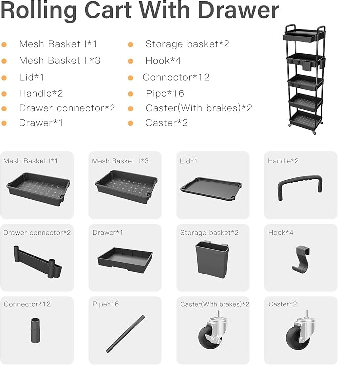 5 Tier Rolling Cart Organizer,Bathroom Cart Organizers with Wheels Laundry Room Organization Mobile Shelving Unit Utility Cart Storage Shelves Multi-Functional for Office, Home(Black)