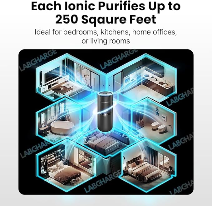 LabCharge Small Ionic Air Purifier for Home & Bedroom – Silent HEPA Filter – Covers 250 Sq Ft - Free Cleaner for Pets, Hair, Smoke, Dust, Odors & Dander – Compact & Black Design - Pack of 5