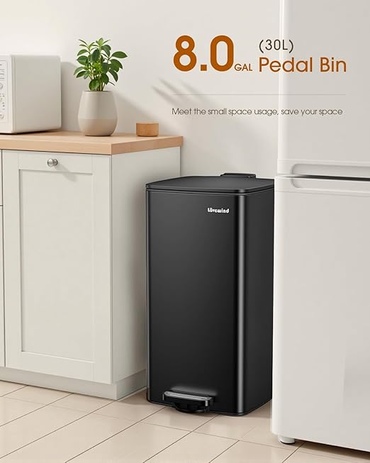 Lovewind Kitchen Trash Can with Lid, 8 Gallon/30 L Footstep Garbage Can for Kitchen Bedroom Home Office, 30 Liter Trash Bin Brushed Stainless Steel Waste Bin with Soft-Close Lid,Black