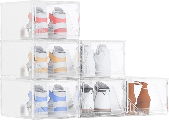 6 Pack Upgraded XX-Large Storage Organizer with Magnetic Door, New structure is more stable, Thicken & Sturdy Clear Stackable Interconnectable Shoe Box for Entryway, Closet, Under Bed