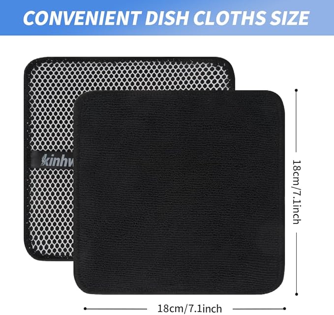 KinHwa Kitchen Washcloths for Dishes Absorbent Microfiber Dish Cloths Quick Dry Dish Rags with Poly Scour Scrub Side Ideal for Kitchen Cleaning (Black, 7inchx7inch 9 Pack)