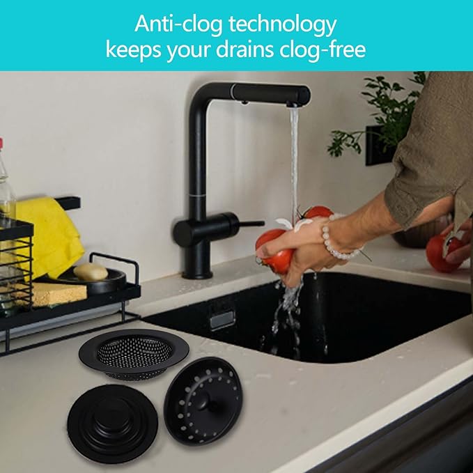 3 PCS Kitchen Sink Stopper Strainer,Anti-Clogging Stainless Steel Sink Disposal Stopper, Garbage Disposal Plug, Perforated Basket Drain Filter Sieve or Keep Water for Standard Kitchen Sink Drain,Black