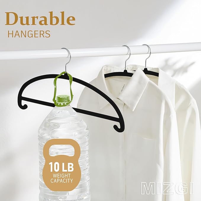 MIZGI 50 Pack Black Velvet Hangers - No Shoulder Bumps, Heavy Duty Non-Slip Chrome Hooks for Jackets, Coats, Pants