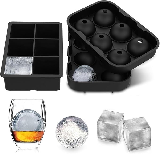 Large Ice Cube Trays Ice Ball Maker with Lids Combo(Set of 2), Silicone Sphere & Square Flexible Ice Cube Molds for Cocktails, Whiskey, Juice and Any Drinks- Reusable & BPA Free