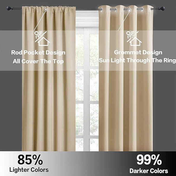 RYB HOME Blackout Curtains 63 inches Long - Energy Saving Insulation Large Window Curtain Blinds for Bedroom Living Room Dining Basement Home Office, W 62 x L 63 per Panel, Biscotti Beige, 2 Pcs