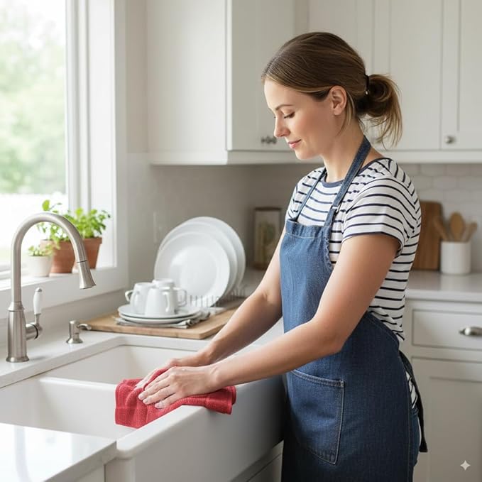 100% Cotton Terry Dish Cloth & Dish Towel, 6 Pack, Super Soft and Absorbent Kitchen Towels, Perfect for Kitchen Cleaning and Dish Washing (RED (Solid and Checks) 8 Pack)
