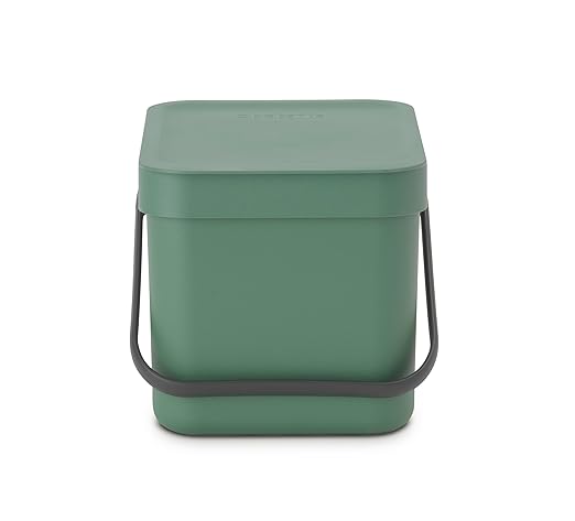 Brabantia Sort & Go Food Trash Can (1.6 Gal/Fir Green) Small Countertop Kitchen Compost Caddy with Handle & Removable Lid, Easy Clean, Fixtures Included for Wall/Cupboard Mounting