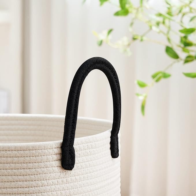 VIPOSCO Large Laundry Hamper, Tall Woven Rope Storage Basket for Blanket, Toys, Dirty Clothes in Living Room, Bathroom, Bedroom - 58L White & Black