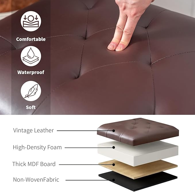 Joveco Faux Leather Storage Ottoman Bench Rectangle 24 Inch Foot Rest Ottomans (Brown)