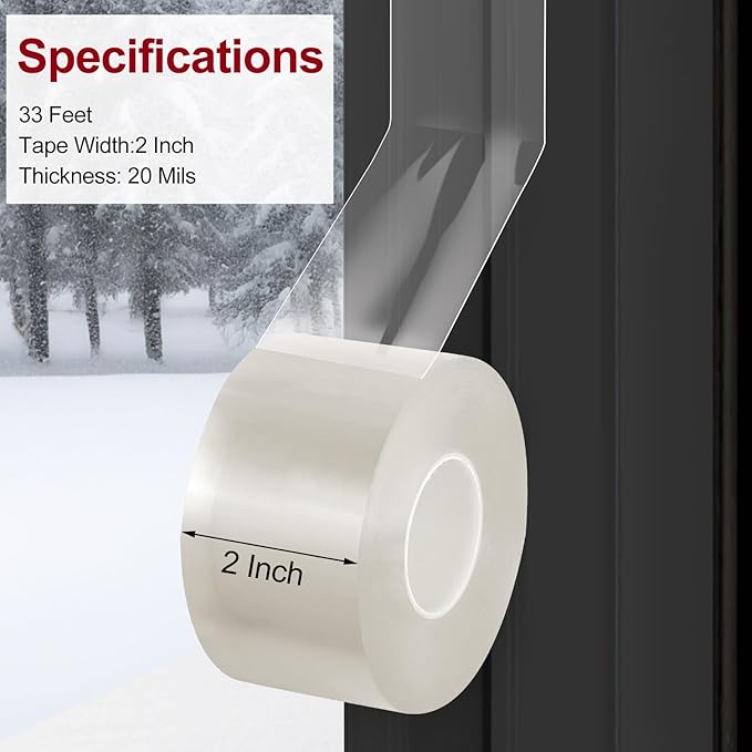 Transparent Window Weather Sealing Tape - 2-Inch x 33 Feet, Airtight Insulation Tape That Blocks Drafts, No Residue Removable Adhesive