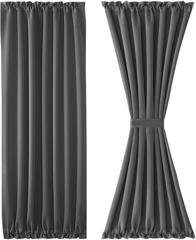 DWCN French Door Curtains – Rod Pocket Thermal Blackout Curtain for Doors with Glass Window, Kitchen and Patio Doors for Privacy, 54 X 72 Inches Long, 1 Curtain Panel with Tieback, Dark Grey