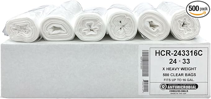Aluf Plastics High Density Trash Bags, 12-16 Gallon, 500 Count, 16 Micron (eq), 24" x 33", Clear, For Bathroom, Office, Industrial, Commercial, Janitorial, Municipal, & Recycling