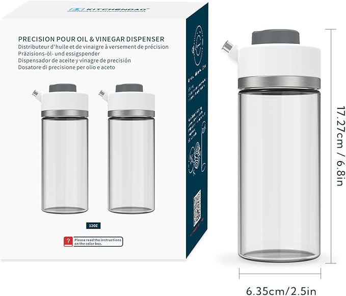 KITCHENDAO Precision Pour Glass Oil Dispenser 2-Piece Set with 3 Modes, Drip-Free Spout, Two Adjustable Flow Speeds, 12 oz Oil and Vinegar Dispensing Bottle 2 Pack Set for Kitchen