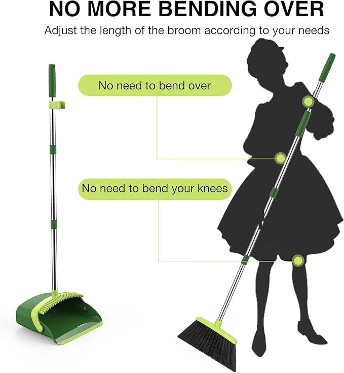 Broom and Dustpan Set, 52-in Long Adjustable Handle Broom Dustpan Combo with Dust pan Teeth to Automatically Clean Hair Suitable for Home Kitchen Office Hall Floor (Green), 2 Pack