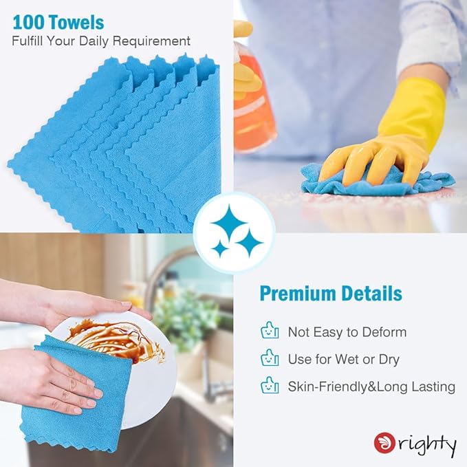 Orighty Cleaning Cloths, Shop Towels 100 Pack, Shop Rags Reusable, Microfiber Cleaning Rags Bulk for Cars, Multi-Purpose Lint Free Towels for Automotive, Mechanic, Kitchen, 11.5’’ x 11.5’’, Blue