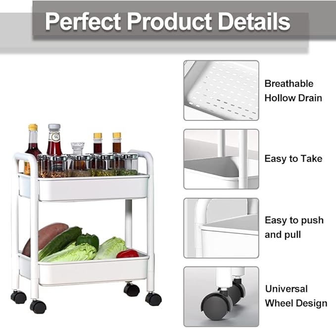 Melody House 2-Tier Utility Rolling Cart Storage Organizer Sofa Side Table with Wheels, Under Desk Mobile Trolley Organizer with Handle for Office Home Kitchen Organization, White