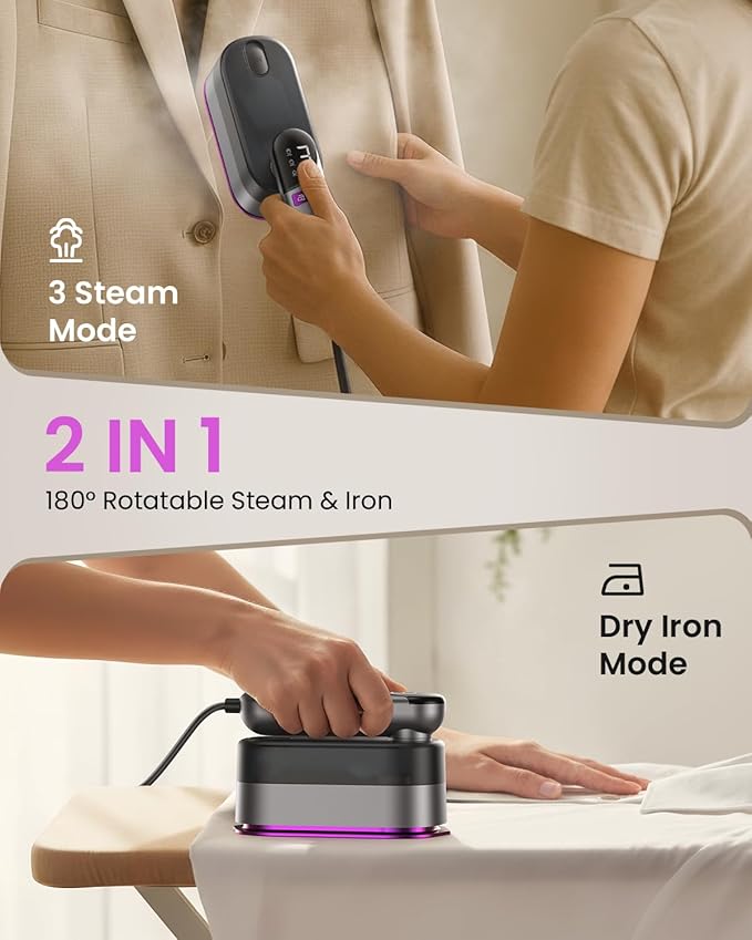2-in-1 Handheld Steamer and Iron for Clothes, 1000W Travel Steamer with Ceramic Soleplate, 9s Fast Heat-Up, Leak-Proof 170mL Tank, Self-Clean, Portable Wrinkle Remover for Home & Travel, 120V