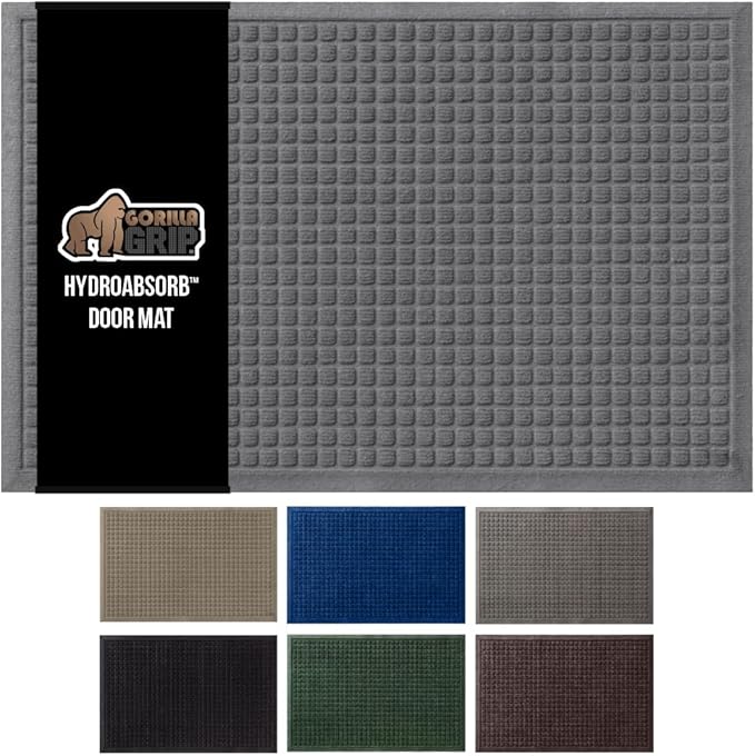 GORILLA GRIP Front Door Mat, 47x35, Indoor Outdoor Ultra Absorbent HydroAbsorb Doormat, Absorbs Up to 6 Cups of Water, Stain and Fade Resistant, Rubber Backing Doormats, Captures Dirt, Gray